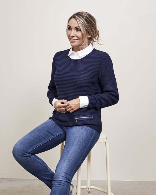 Bomull jumper zip, marinblå